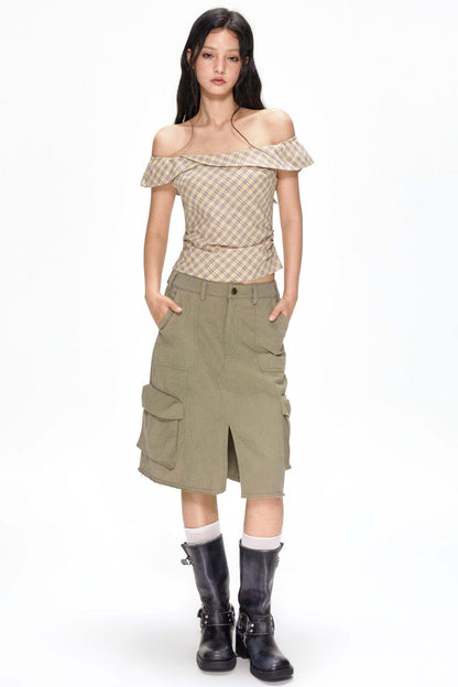 One-Shoulder Yellow Plaid Blouse