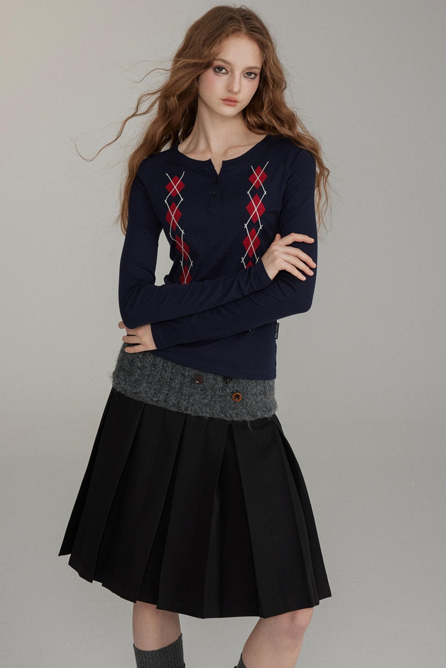 Wool Button Pleated A-Line Skirt