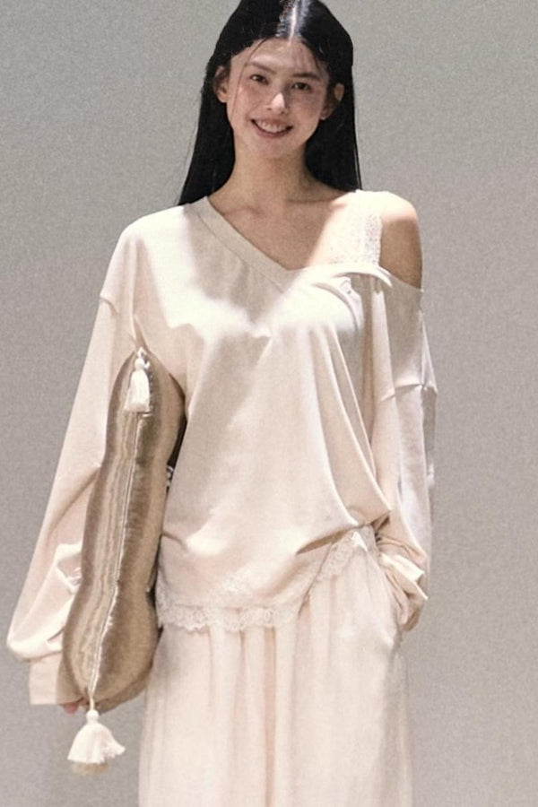 Greenery Lace Slanted Pullover Sweatshirt