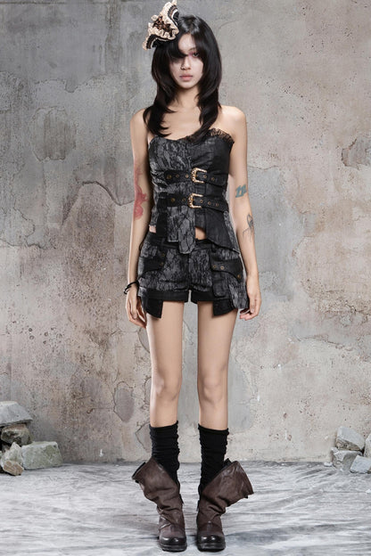 Retro Distressed Slim Shorts & Socks Set-Up