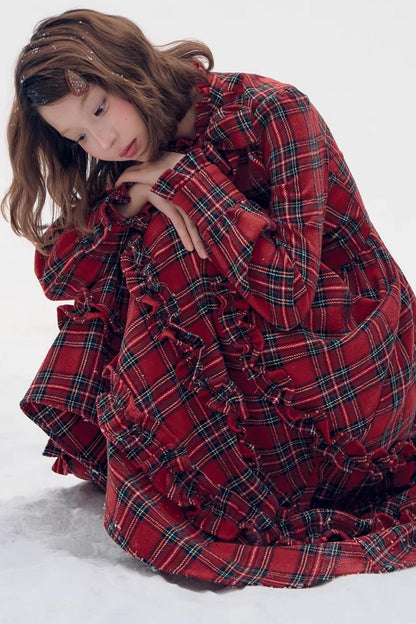 Retro Red Plaid Ruffle Dress