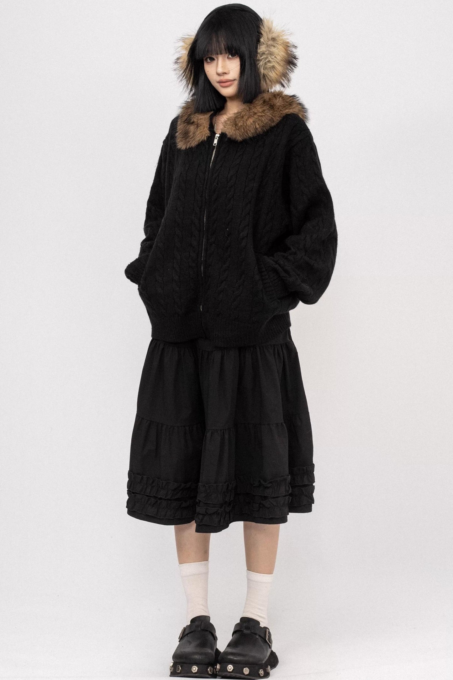 American Vintage Knitted Hooded Black Sweater Jacket