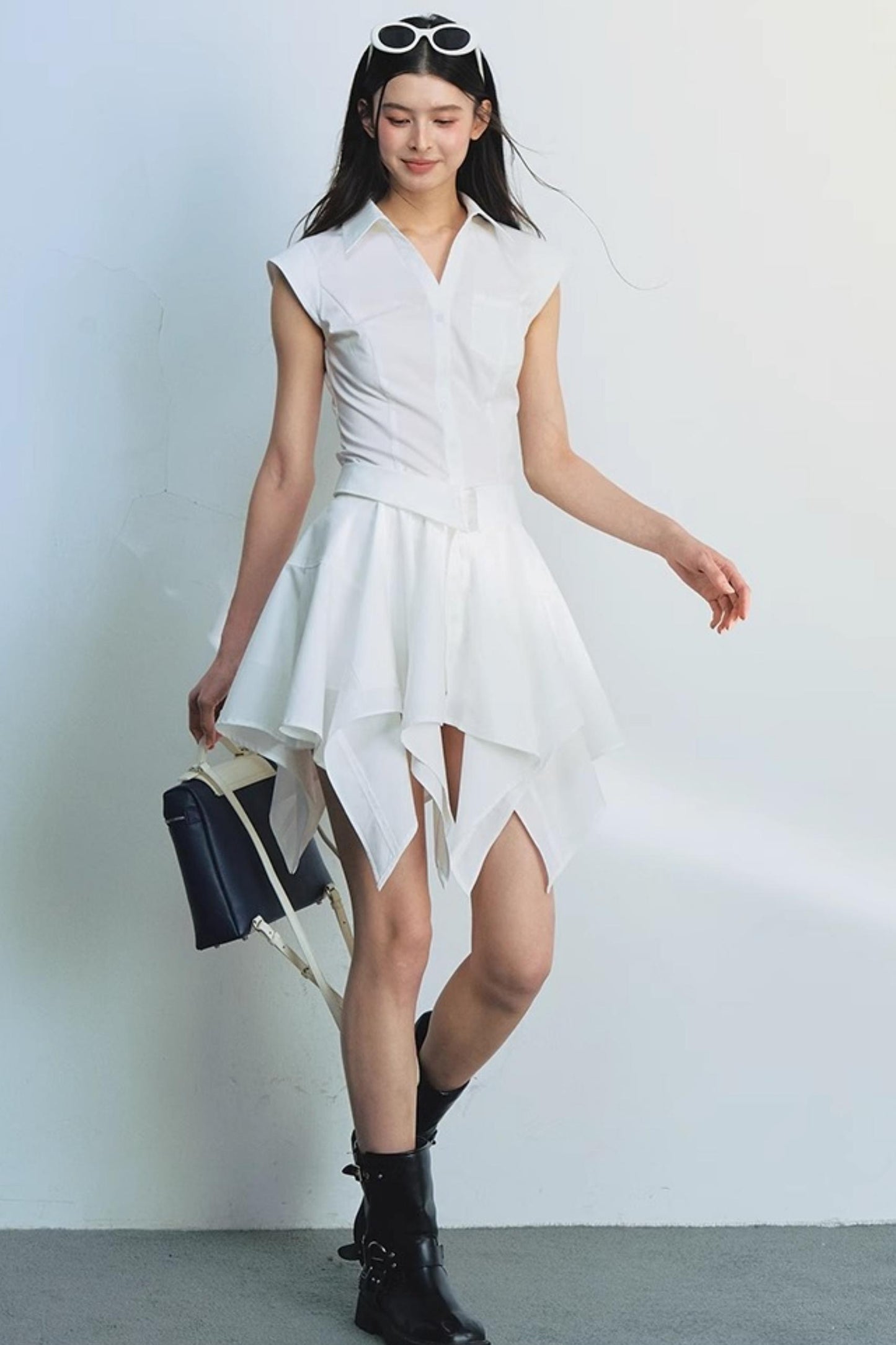 White Dash Sleeve Waist-Trim Shirt Set-Up