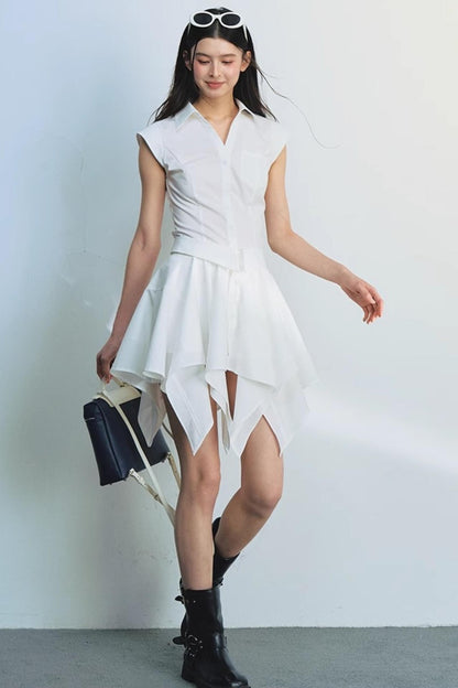 White Dash Sleeve Waist-Trim Shirt Set-Up