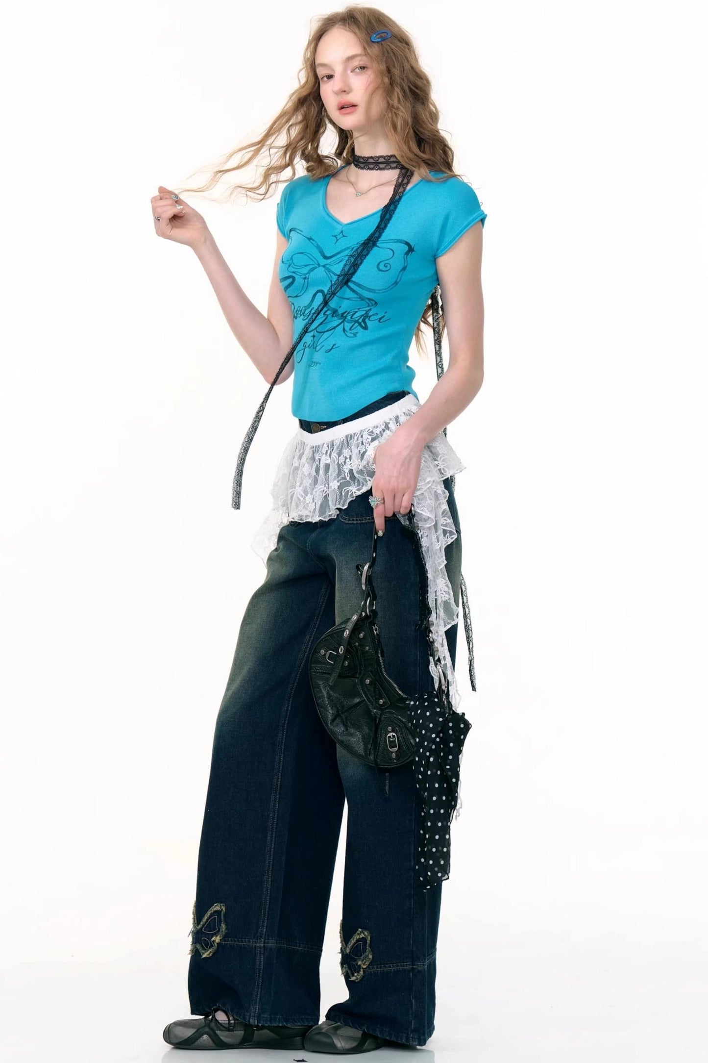 American Retro Butterfly Blue High-Waisted Wide-Leg Jeans