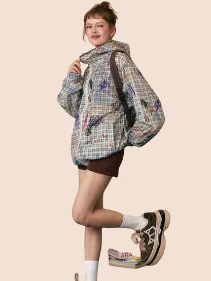 Graffiti Plaid Kapuzen-Sonnenschutzjacke