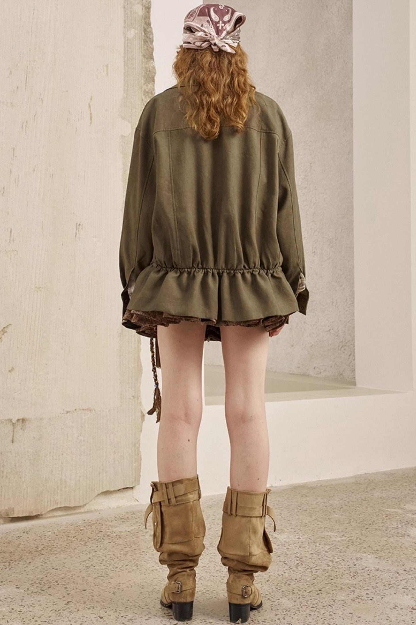 Pleats Waist Solid Color Loose Jacket