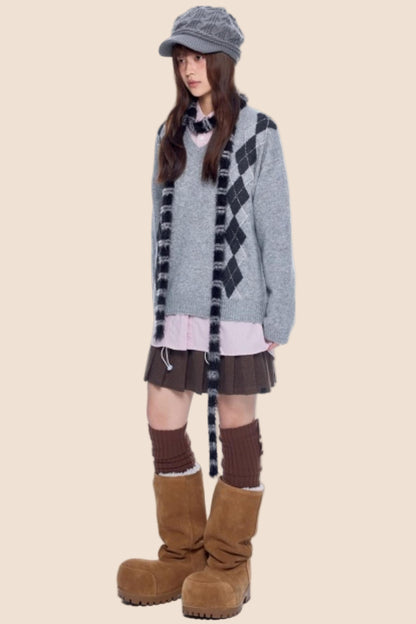 Ribbed V-Neck Knit Sweater