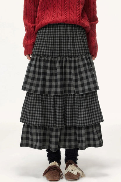 Plaid Patchwork Tiered Skirt