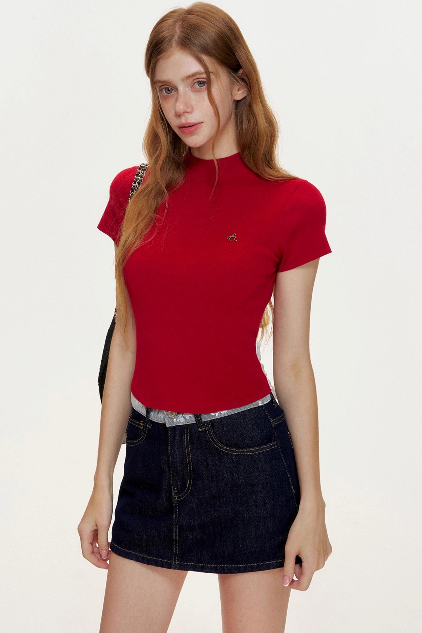 French Lace-panel A-line Denim Skirt