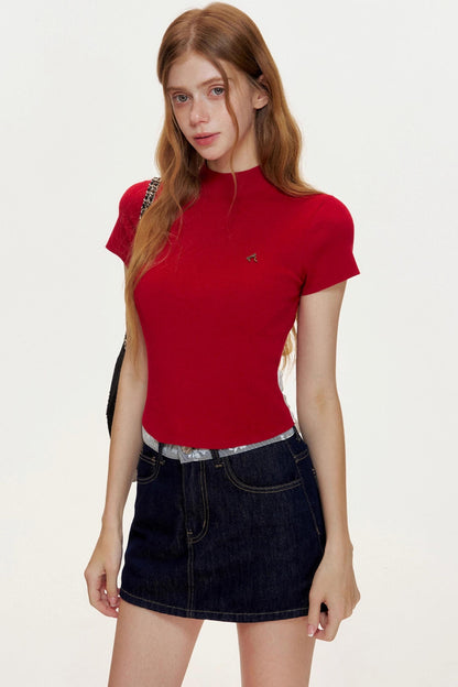 French Lace-panel A-line Denim Skirt