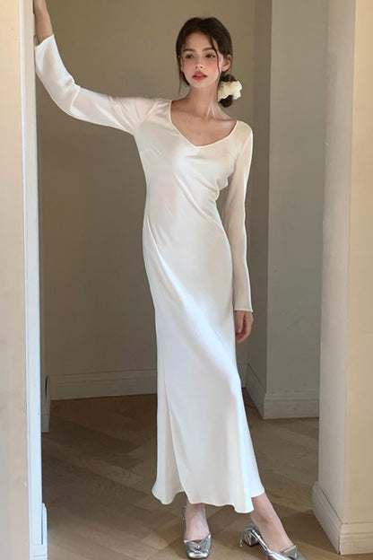 French Waist-Defined Long-Sleeve Dress