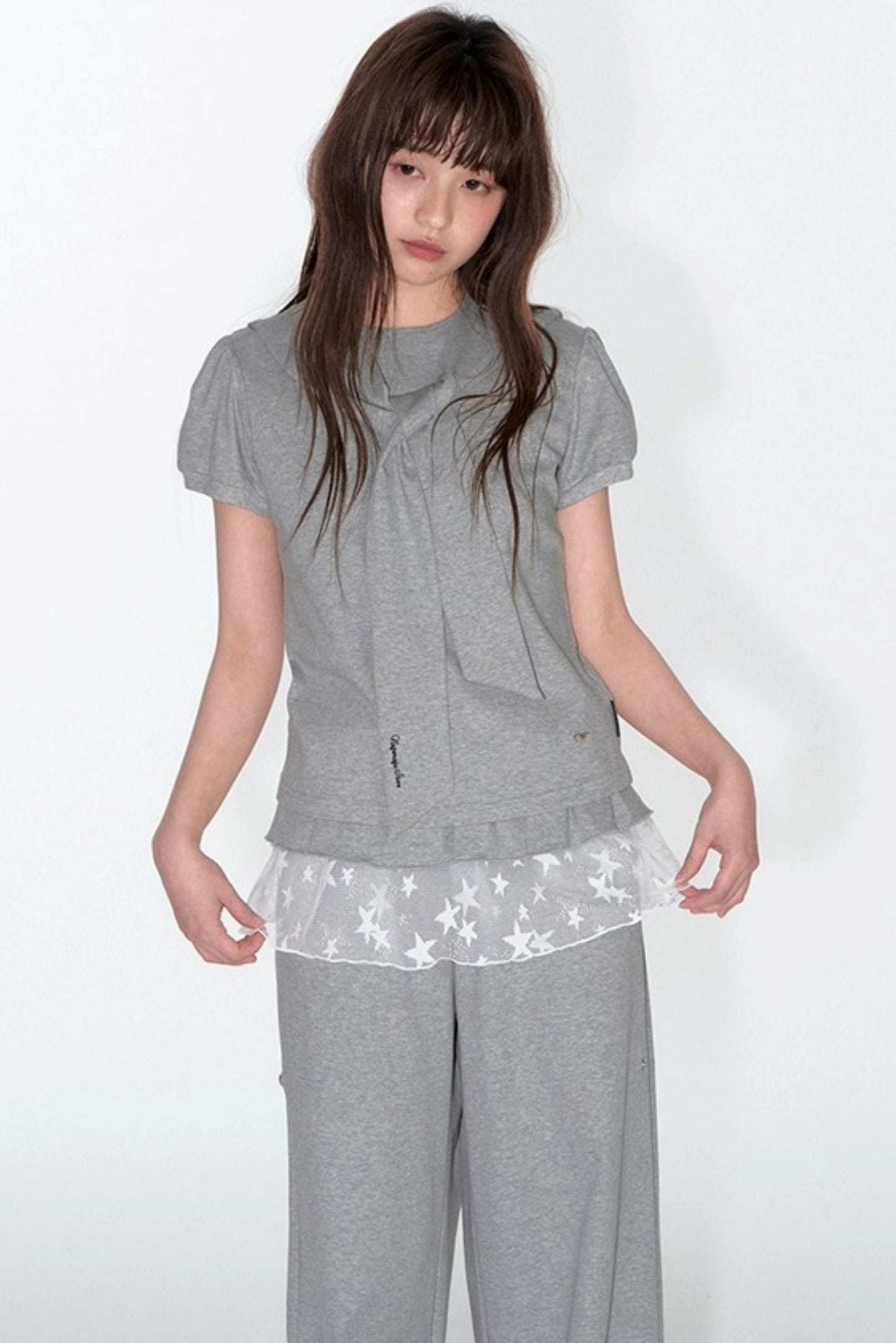 Navy Lace Short Sleeve Cinched Waist Top Set-Up