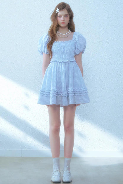 Blue Plaid Bubble Sleeves Dress