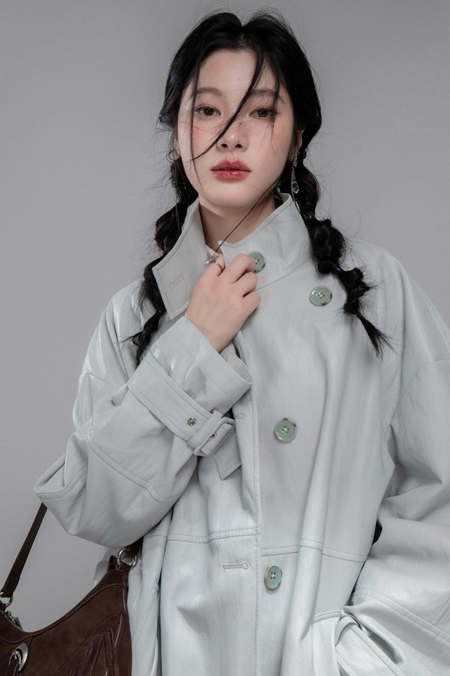 First Gray Leather Trench Coat