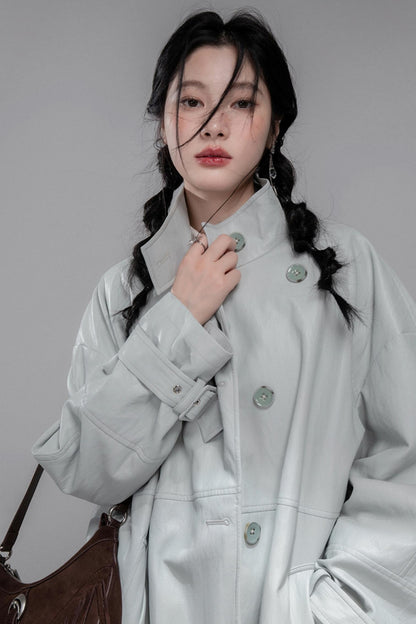 First Gray Leather Trench Coat