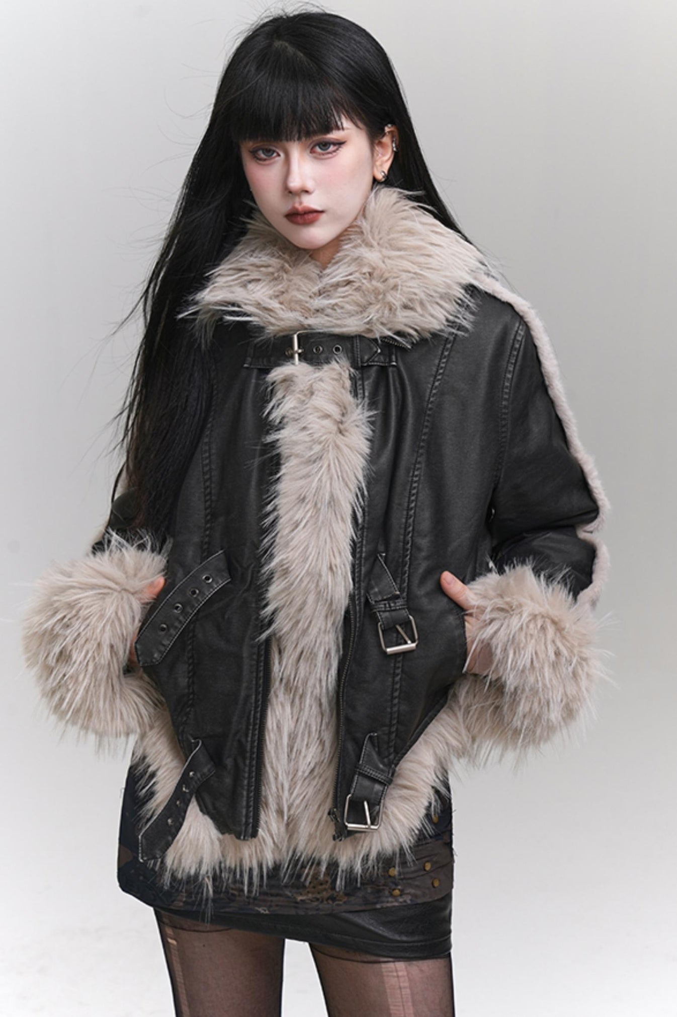 Leather Jacket Thick Cotton Jacket Female Winter Imitation Fox Fur Collar Fur Hooded Leather Jacket Mid-length
