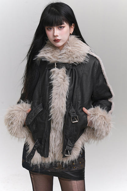 Ghost Girl, Eco-friendly Fur, Big Fur Collar, Fur Integrated Thick Jacket, Female, Autumn and Winter, Unique, Super Good-looking Leather Girl