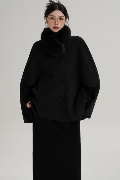Elegant Fox Fur Wool Cape Coat