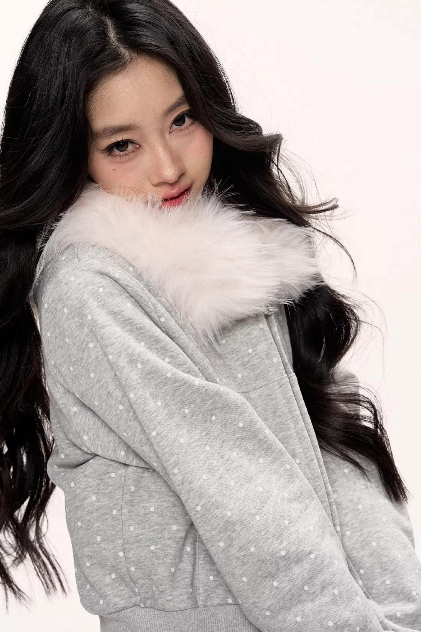 White Fur Collar Polka Dot Jacket