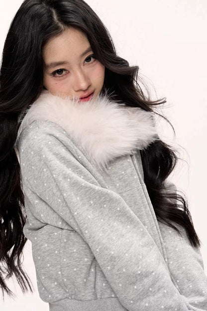 White Fur Collar Polka Dot Jacket