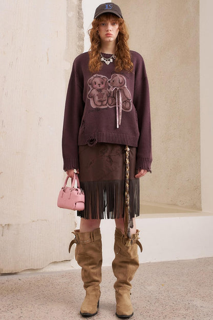 Kiss Bear Print Long Sleeve Sweater