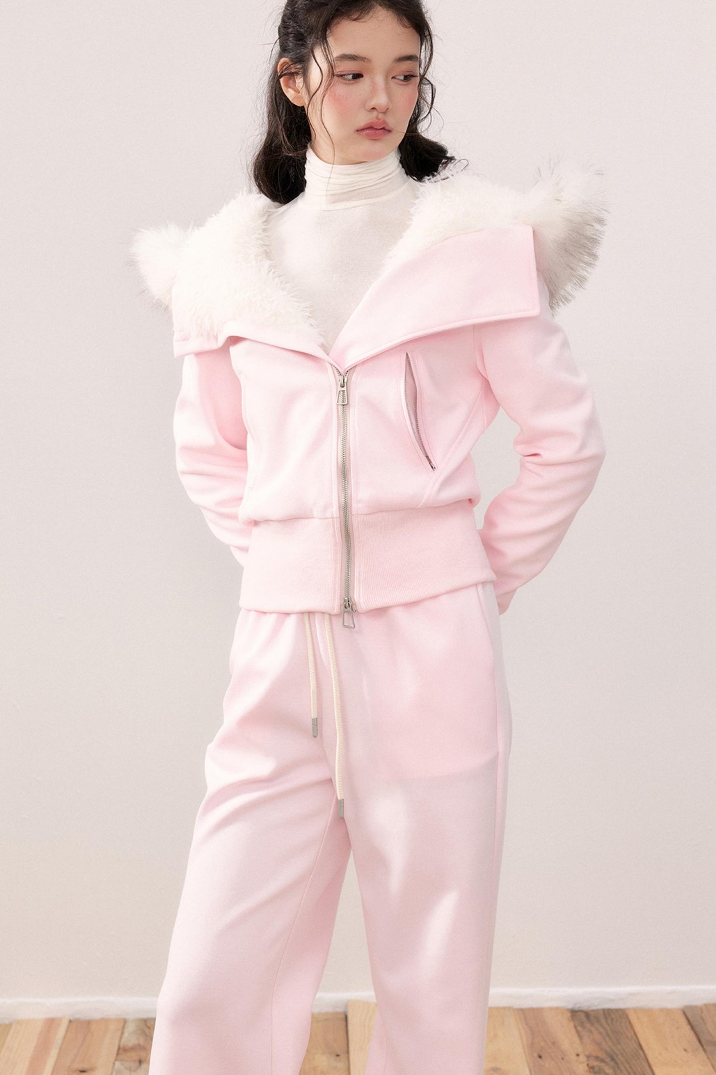Lapel Fur Collar Fleece Jacket & Pants Set-Up