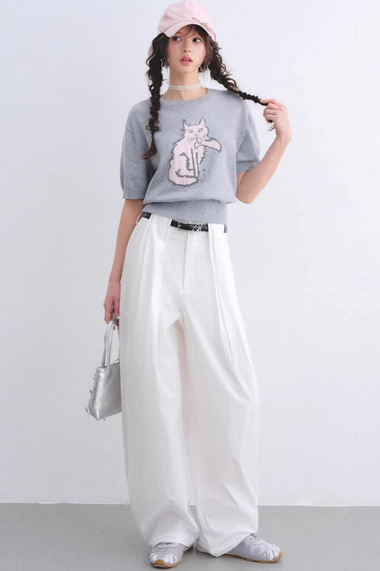 White Pleated Wide-Leg Pants Set-Up