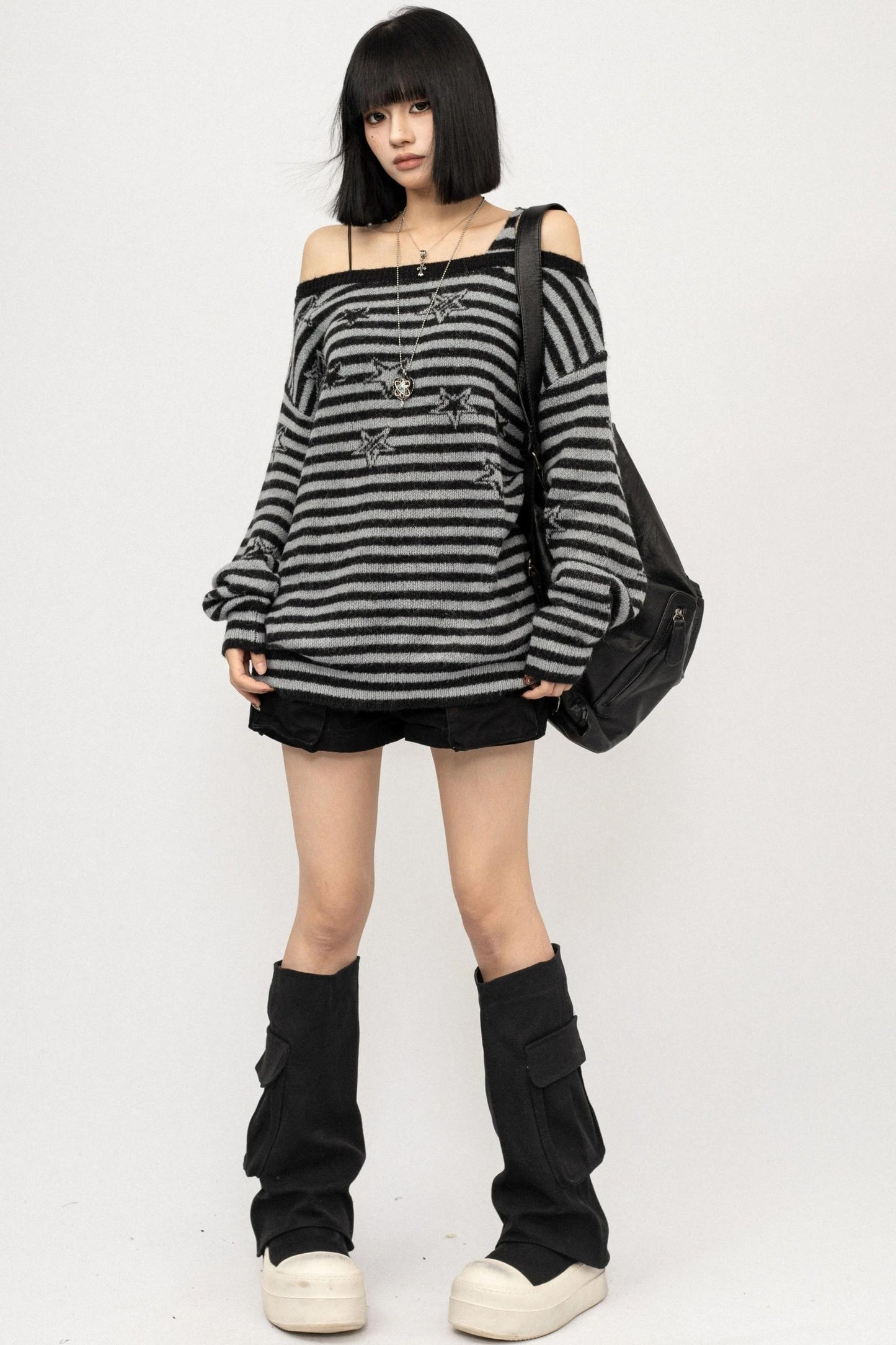Striped One-Shoulder Knitted Sweater