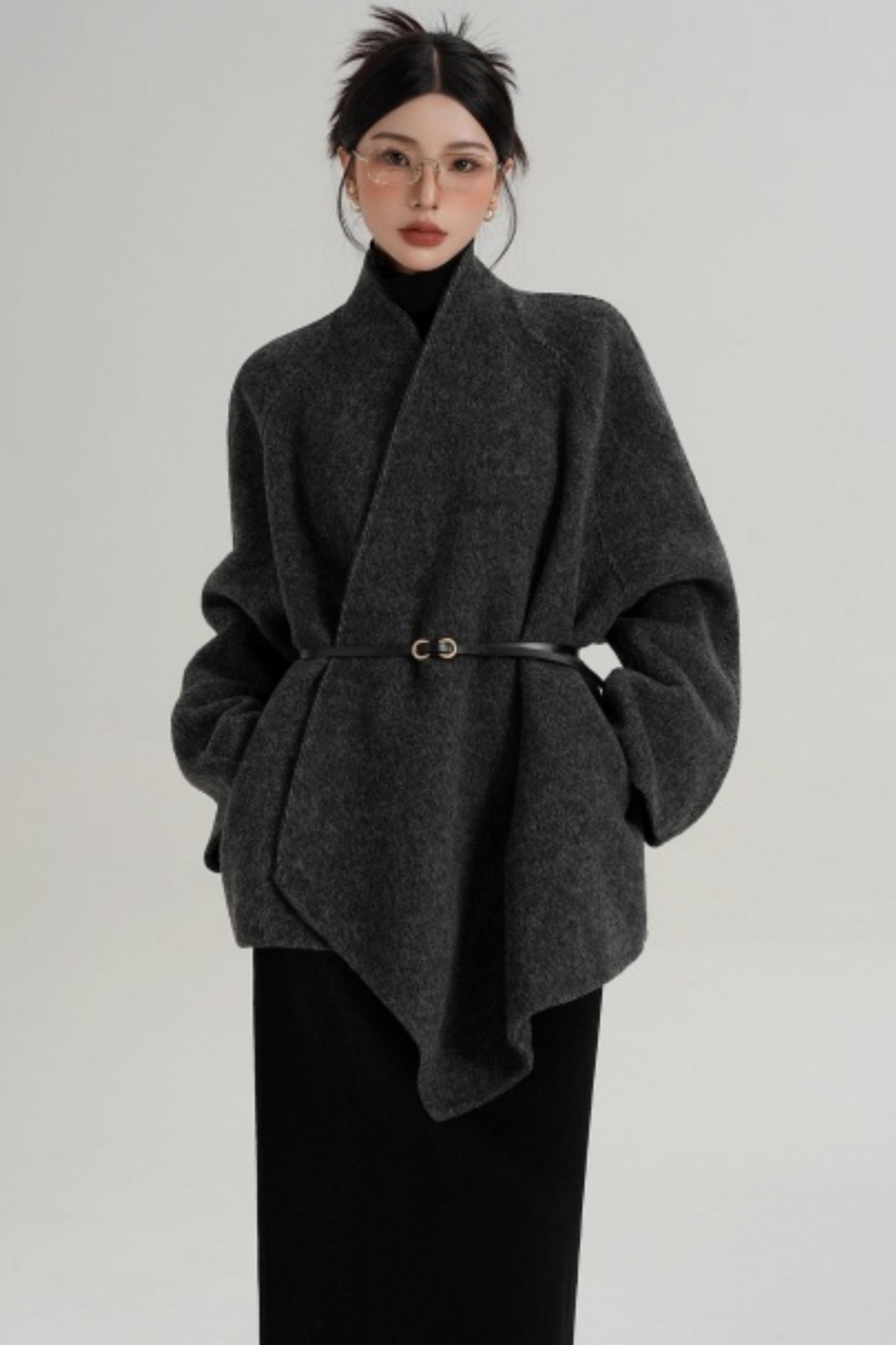 Elegant Lace-Up Woolen Coat