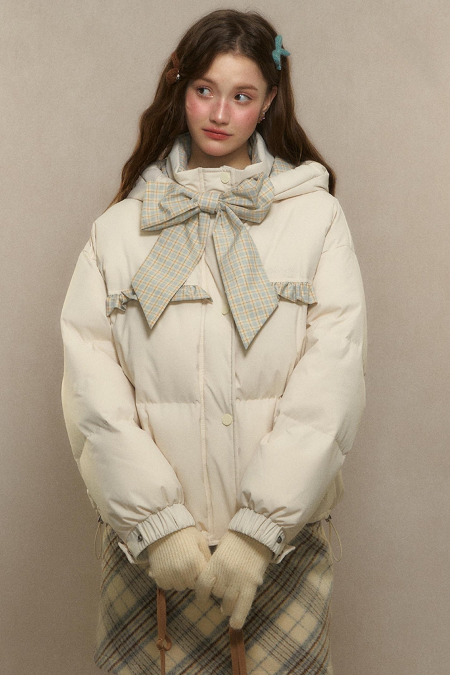 Cropped High Neck Duck Down Jacket with Bow