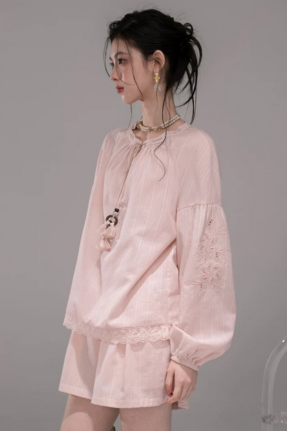 Completo Camicia a Righe Rosa Pesca