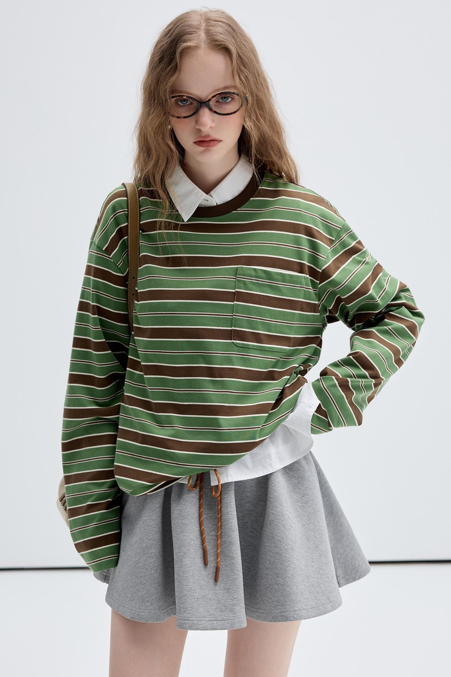 Contrast Stripe Retro Crew Neck Top Set-Up