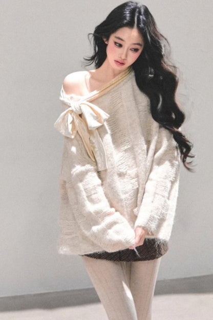 Sweet Bow-Knot Off-Shoulder Sweater