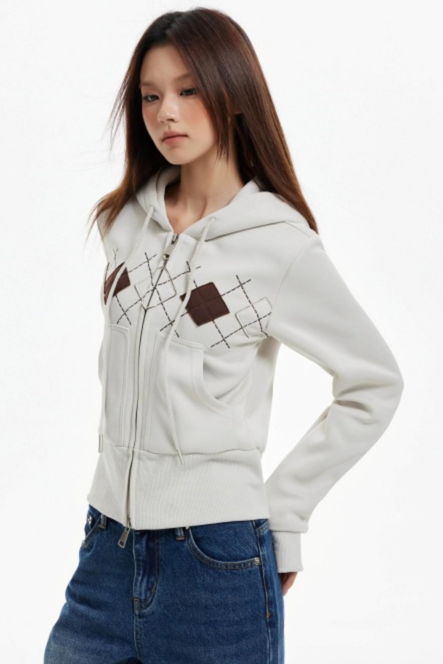 Diamond Plaid Hooded Waist Jacket