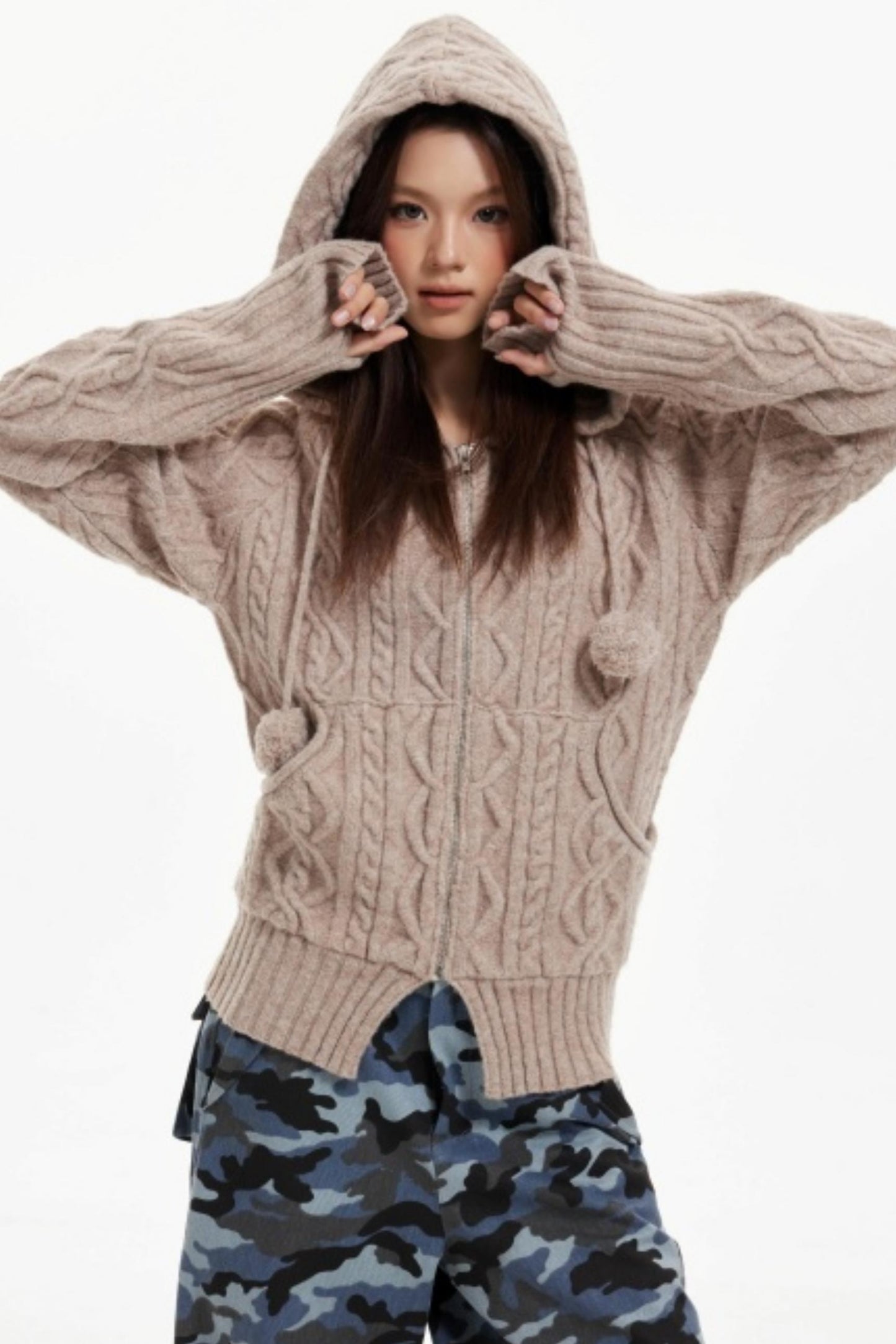 American Hooded Cable Knit Sweater