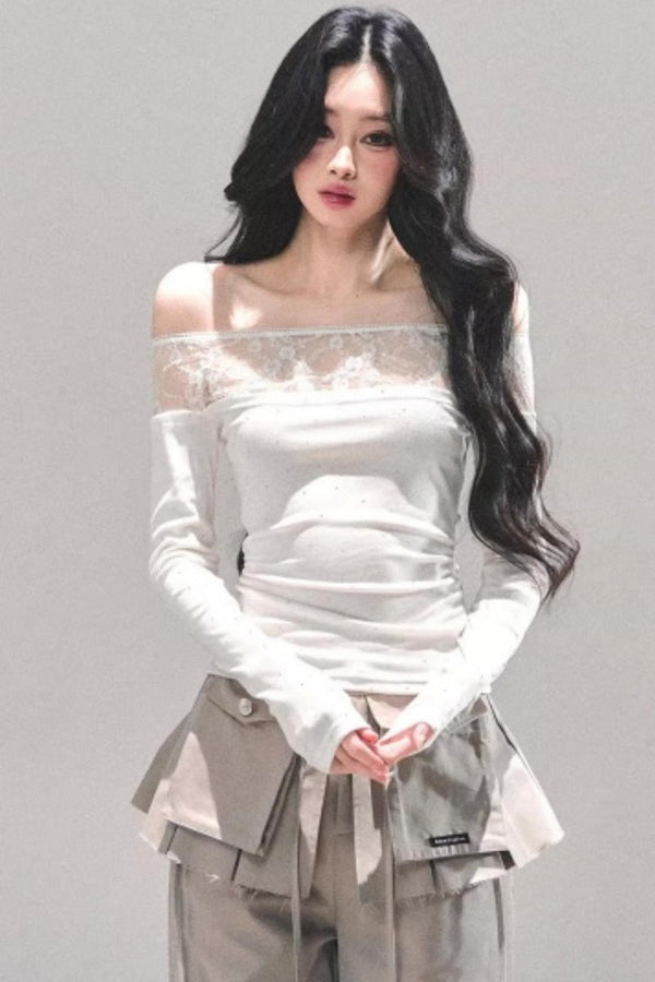 Lace Polka Dot One-Shoulder Top