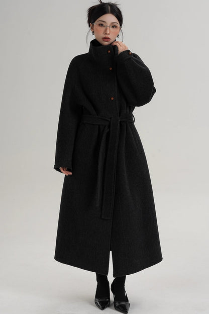 Elegant High-Neck Long Wool Coat