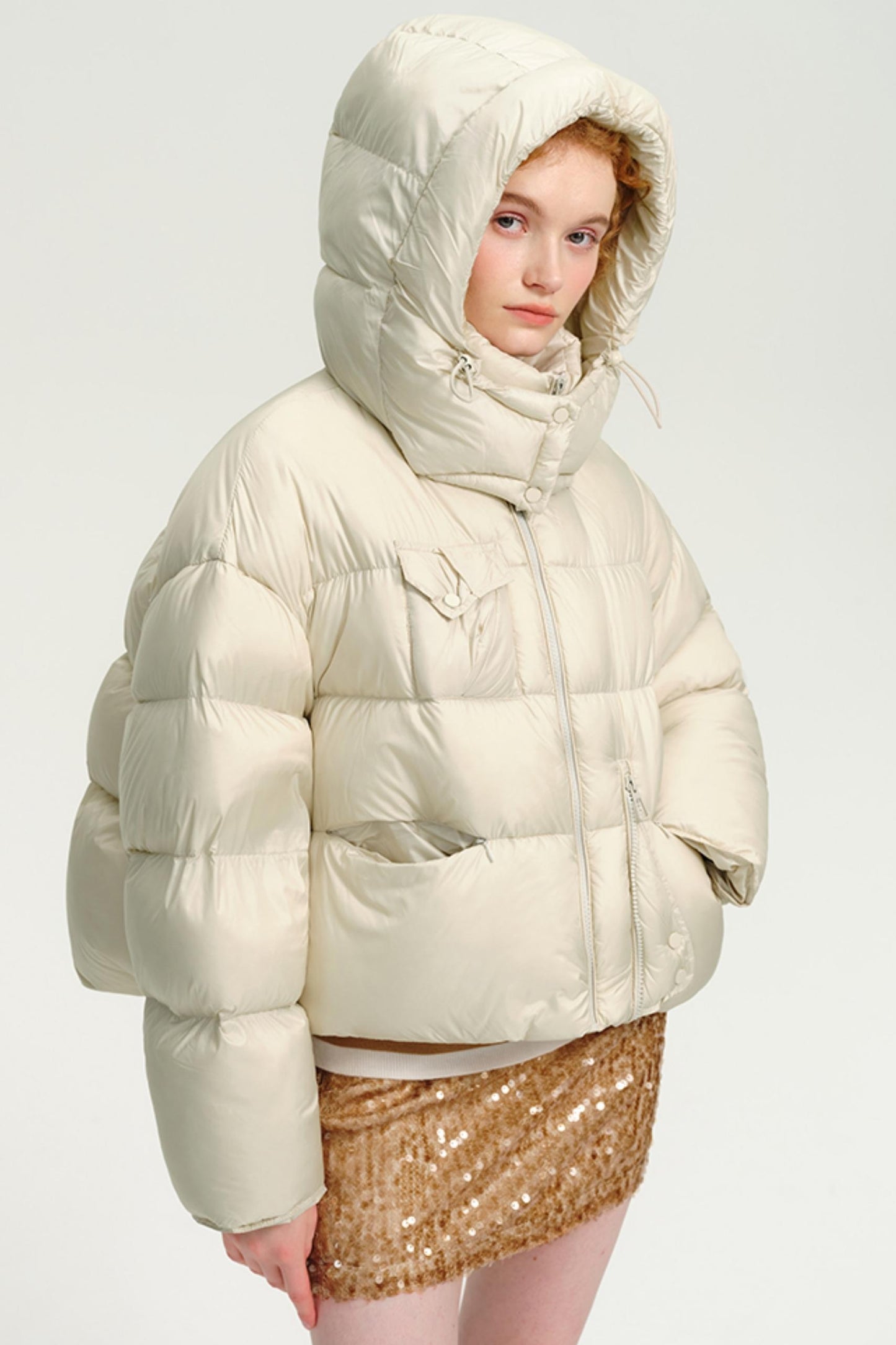 White Goose Down Hooded Short Jacket