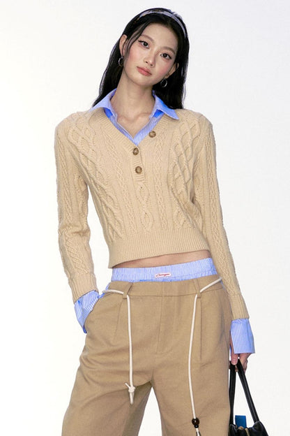 Retro V-Neck Spliced Twist Sweater