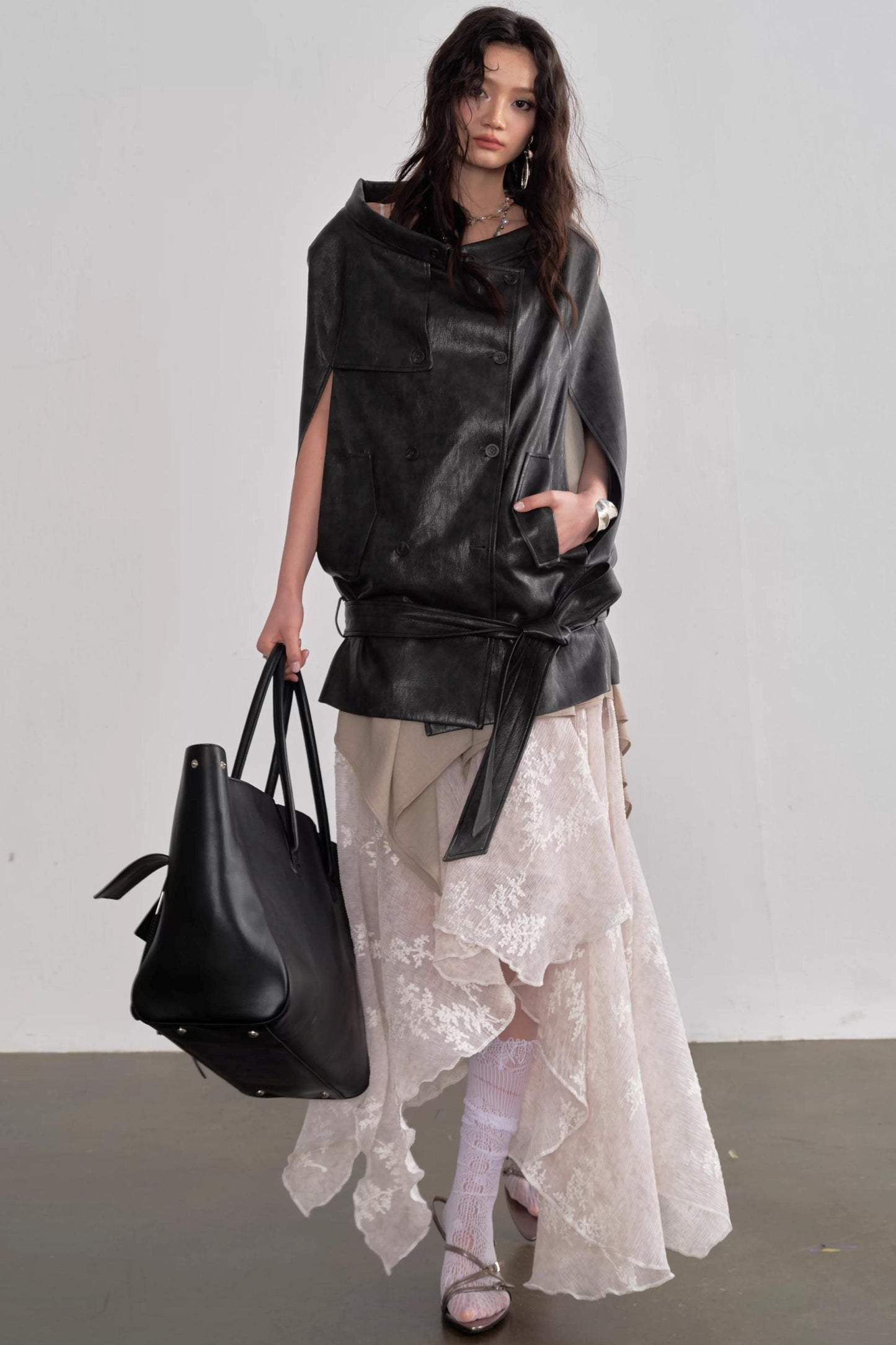 Ebony Brown Leather Cape Coat