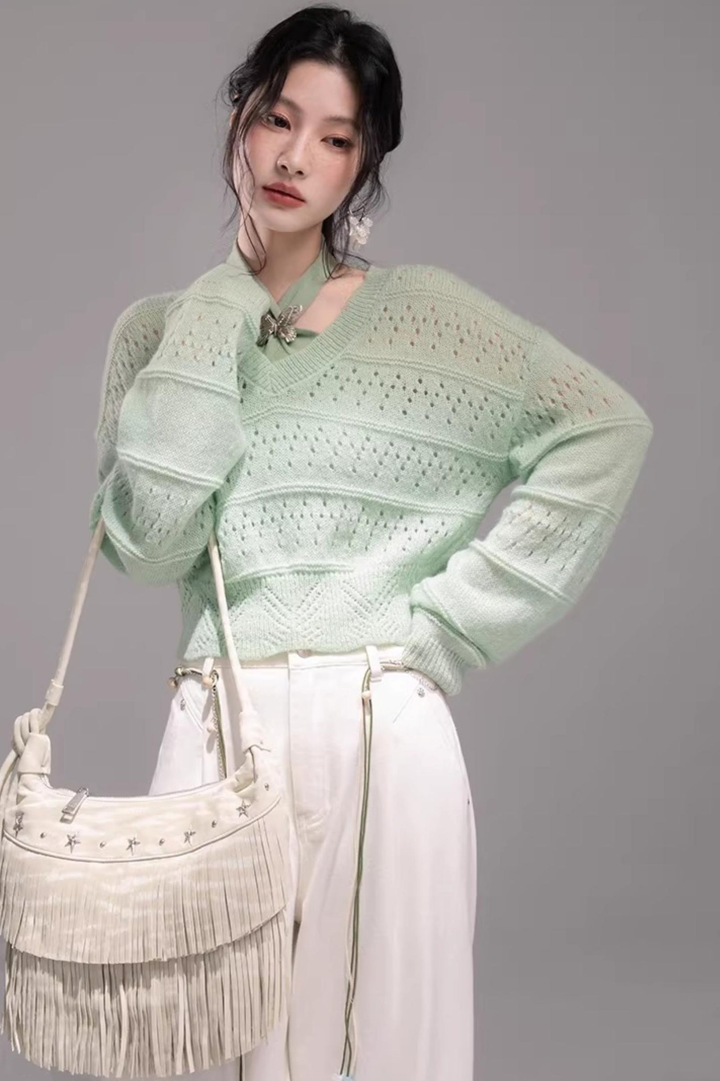 Ensemble Gilet Tricoté Vert Printemps