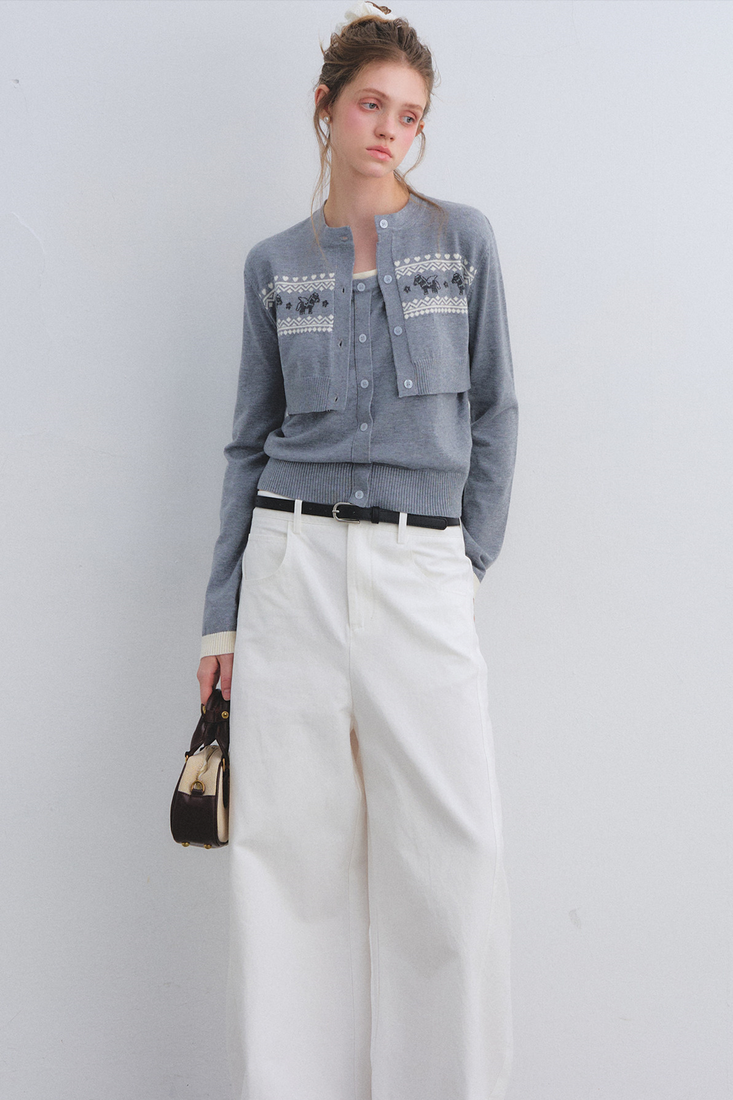 Gray Wool Knit Cardigan Set