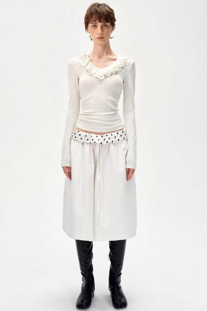 Drape Patchwork Polka Dot Waist Drawstring Skirt