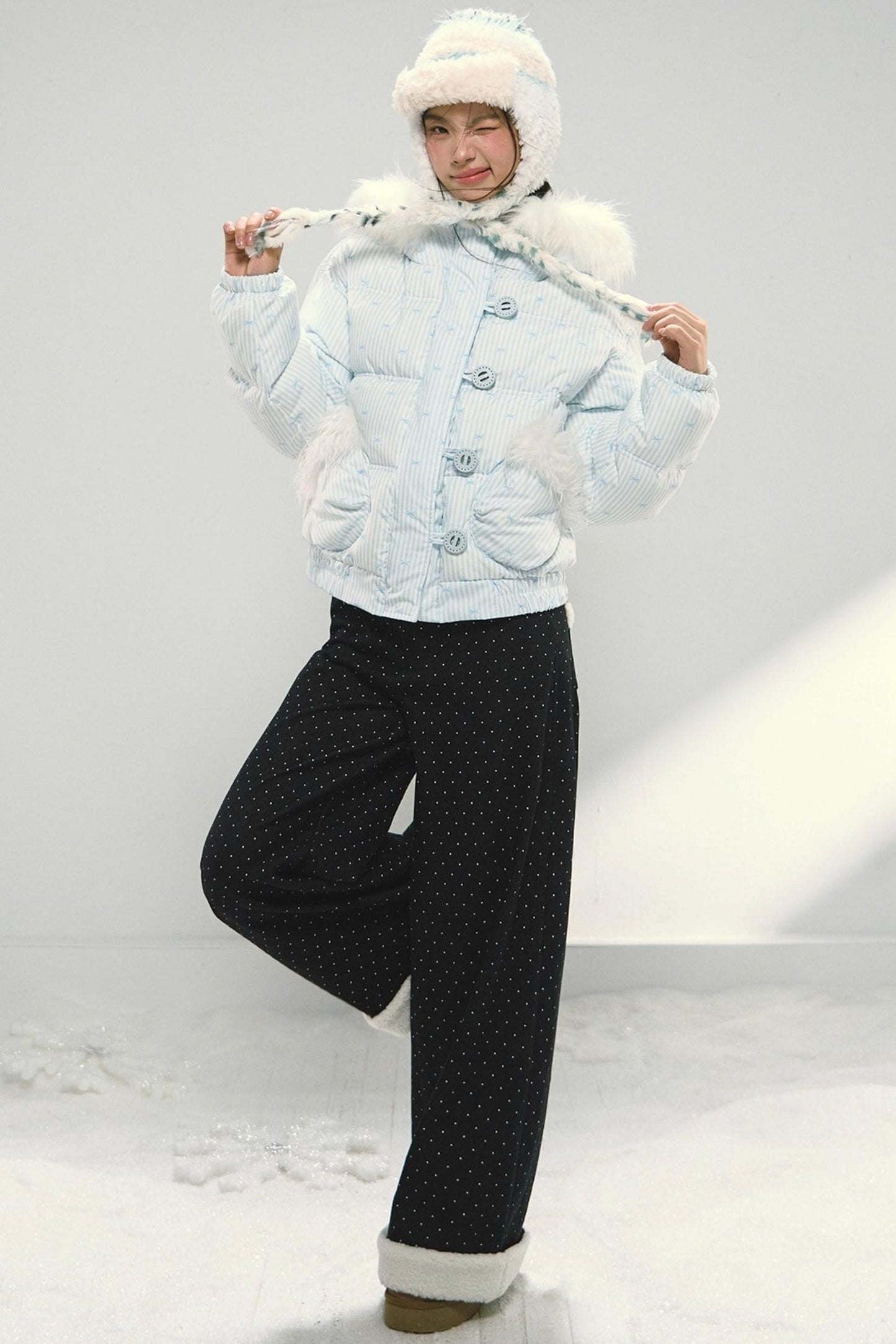 Dark Blue Polka Dot Patchwork Wide-Leg Jeans