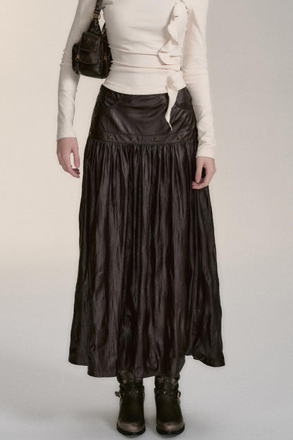 Mid-LENGTH IMITATION LEATHER PLEATED SKIRT