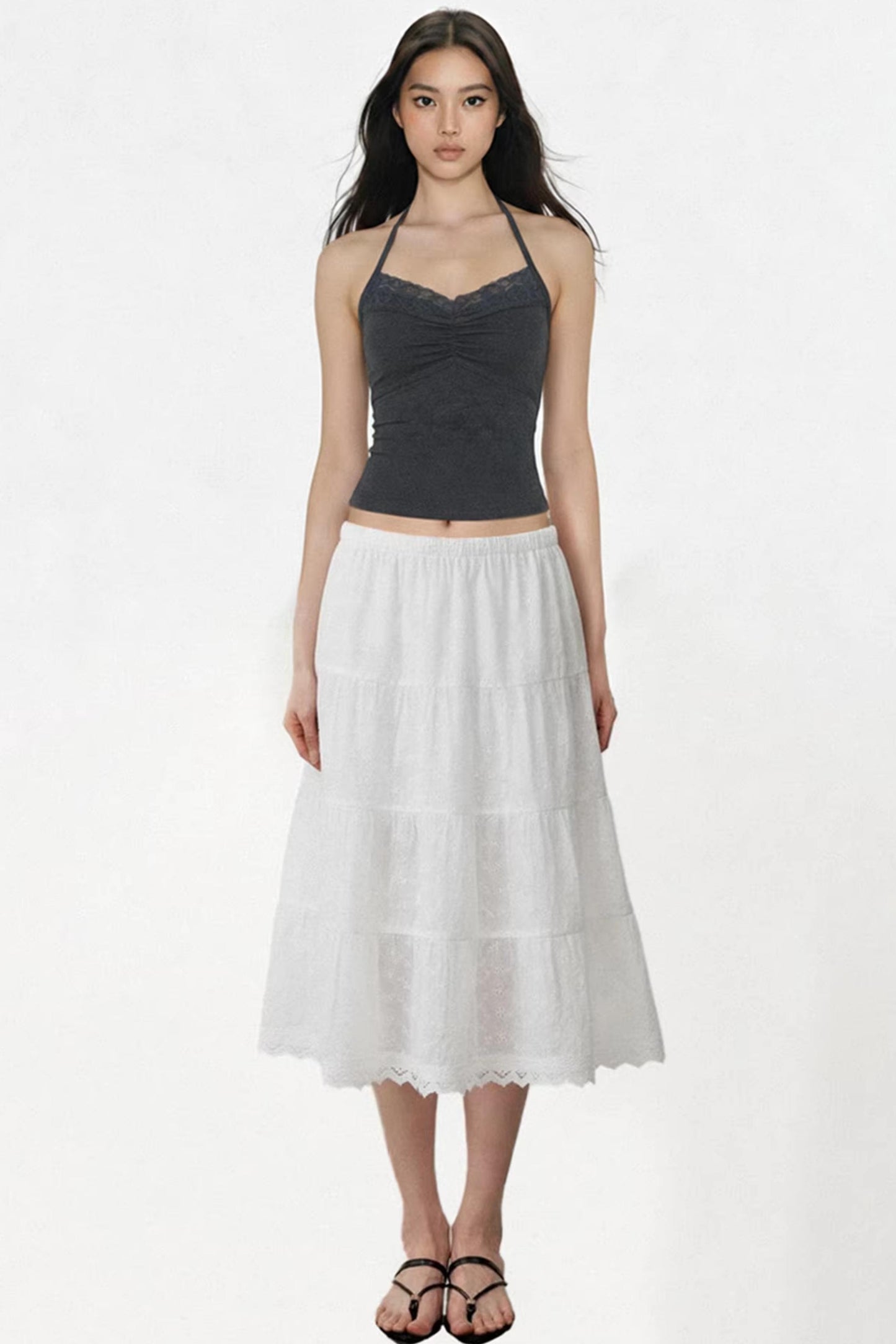 White Embroidered Lace A-Line Skirt