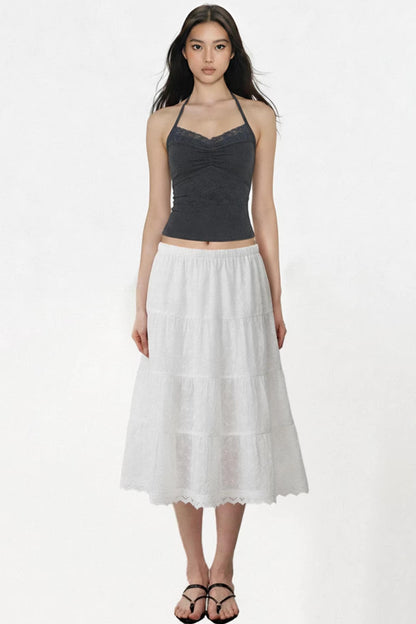 White Embroidered Lace A-Line Skirt