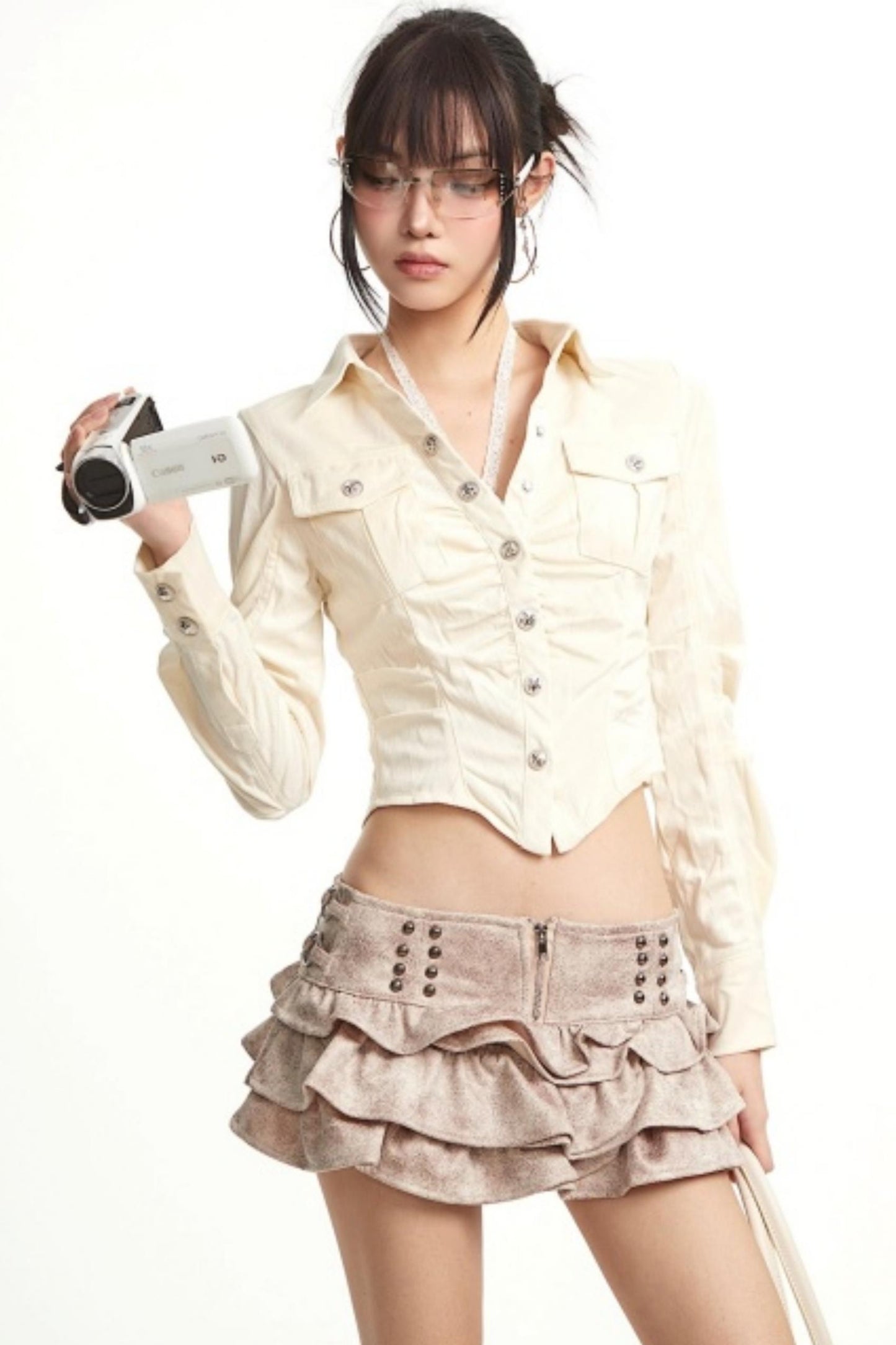 Apricot Rhinestone Pleated Shirt