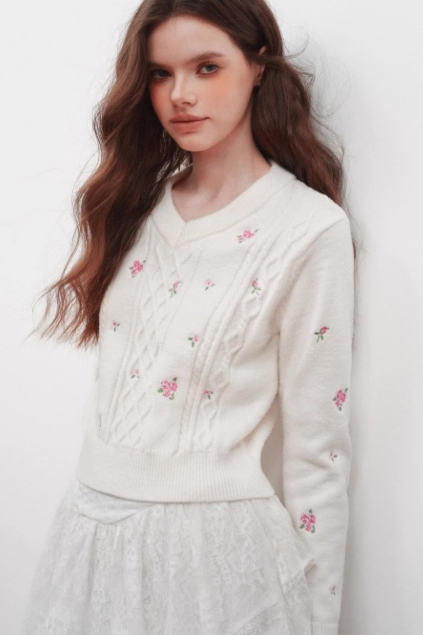 Embroidered V-Neck Knit Sweater